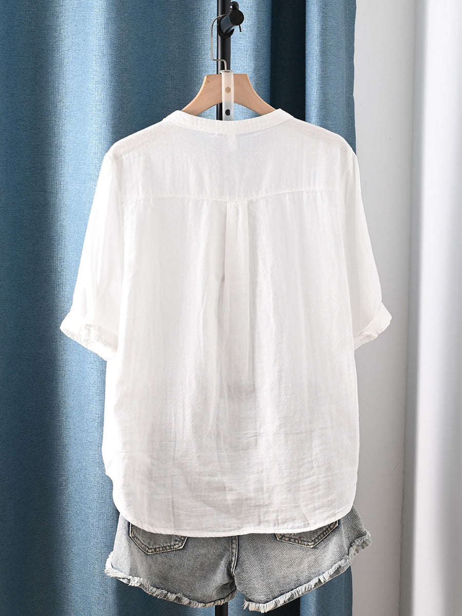 Women Summer Minimalist Short Sleeve Cotton Shirt