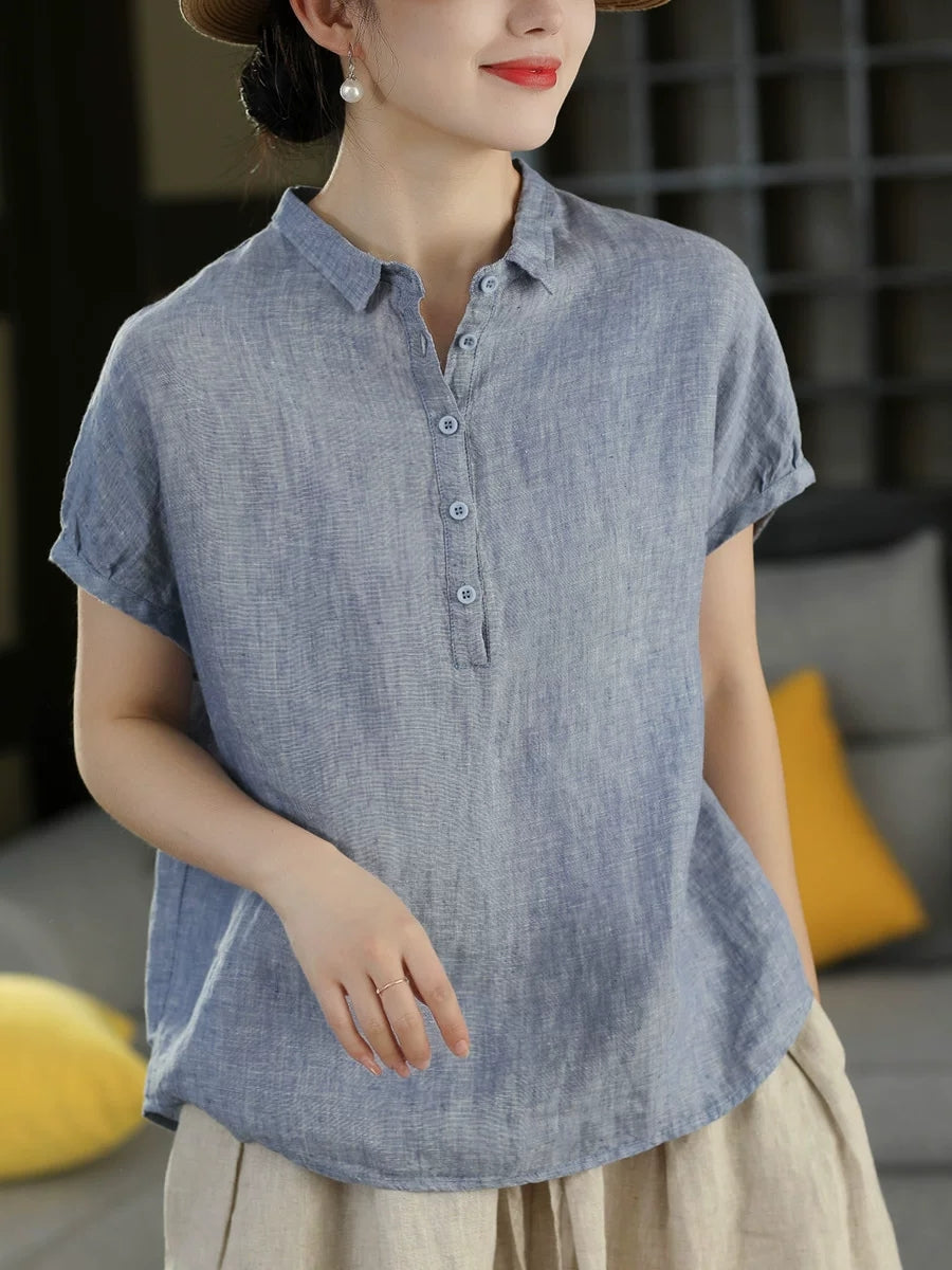 Women Summer Vintage Short Sleeve100%Linen Blouse