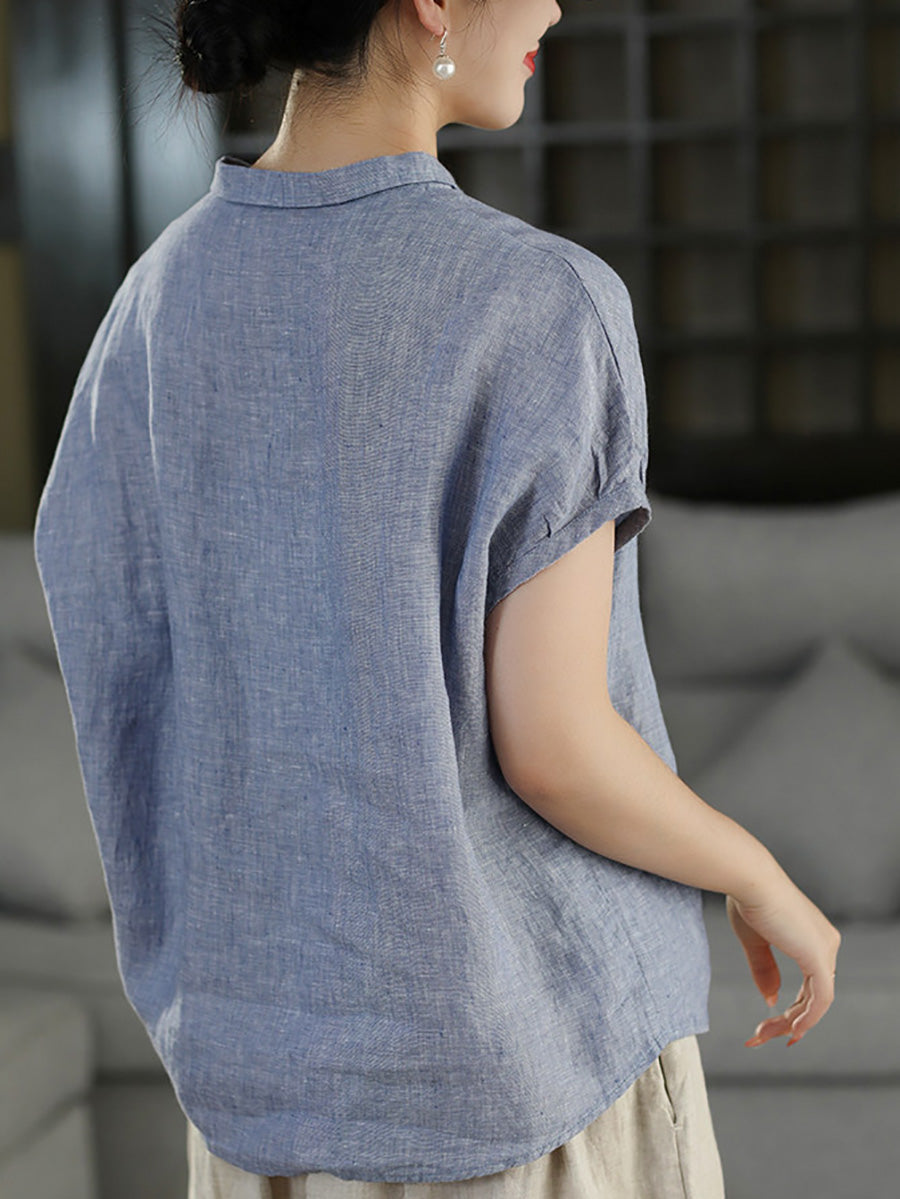 Women Summer Vintage Short Sleeve100%Linen Blouse