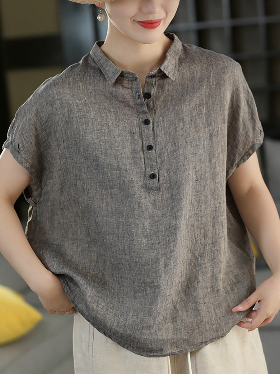 Women Summer Vintage Short Sleeve100%Linen Blouse