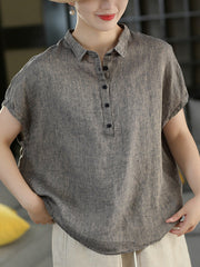 Women Summer Vintage Short Sleeve100%Linen Blouse