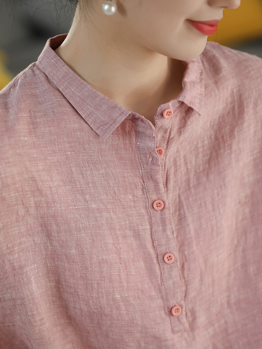 Women Summer Vintage Short Sleeve100%Linen Blouse