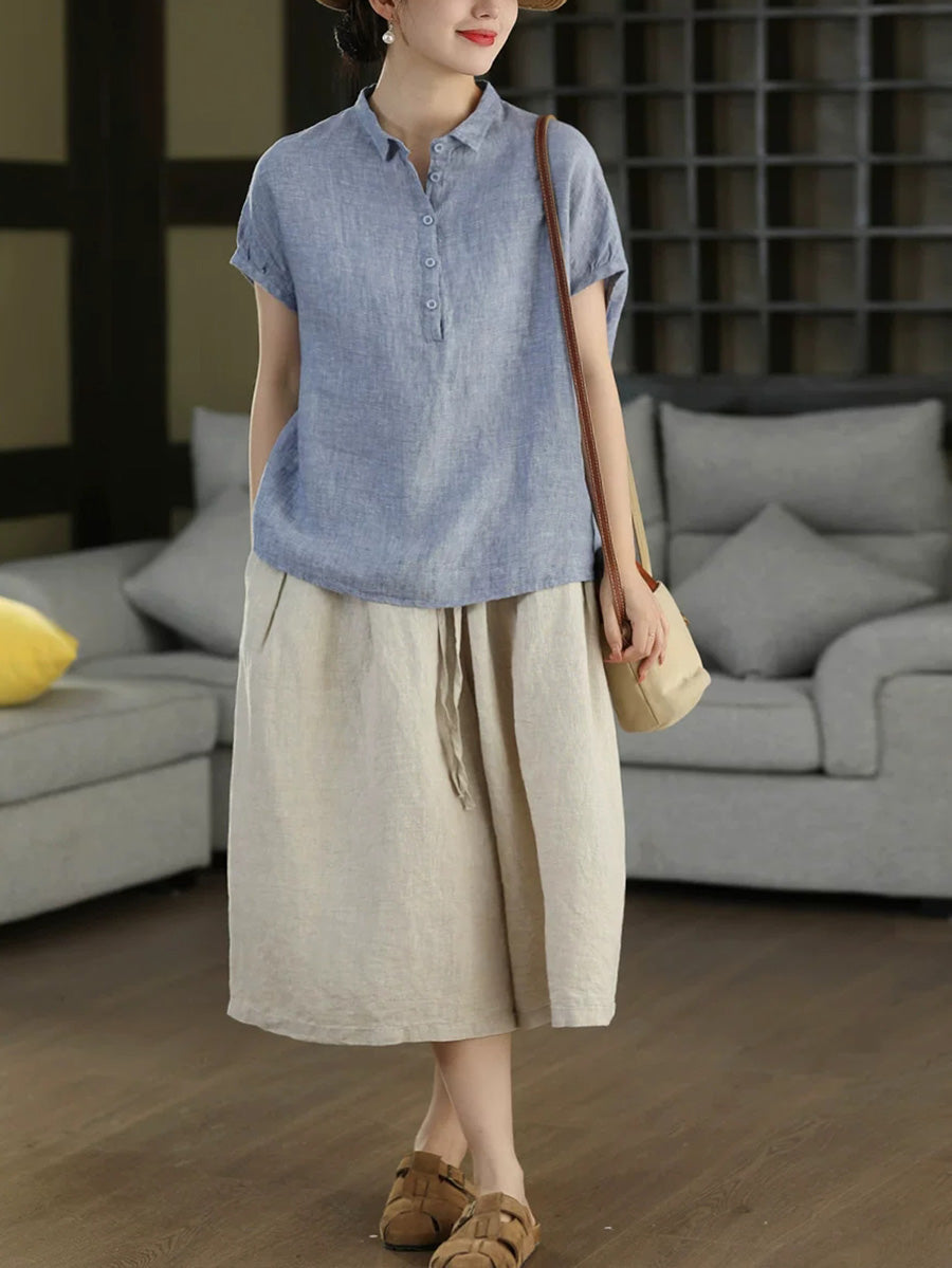 Women Summer Vintage Short Sleeve100%Linen Blouse