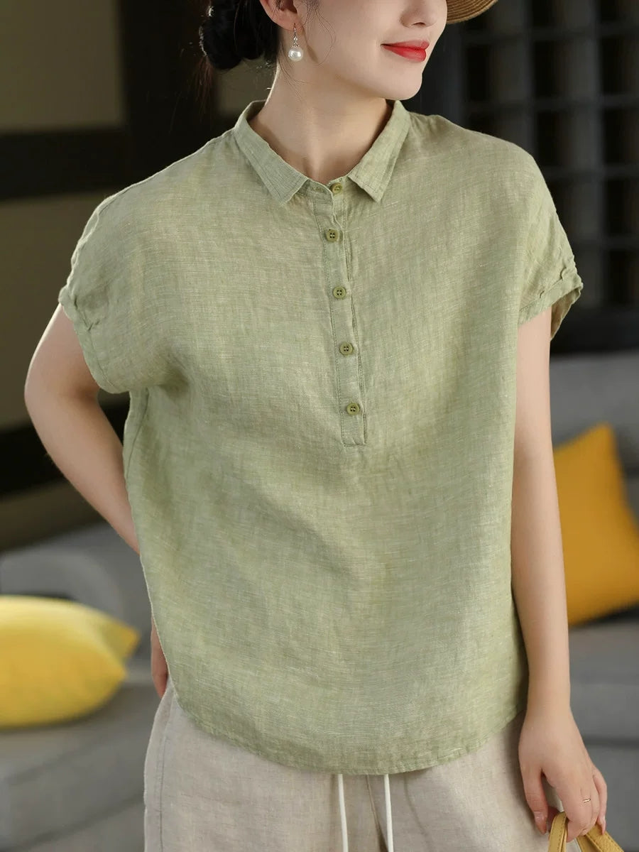Women Summer Vintage Short Sleeve100%Linen Blouse