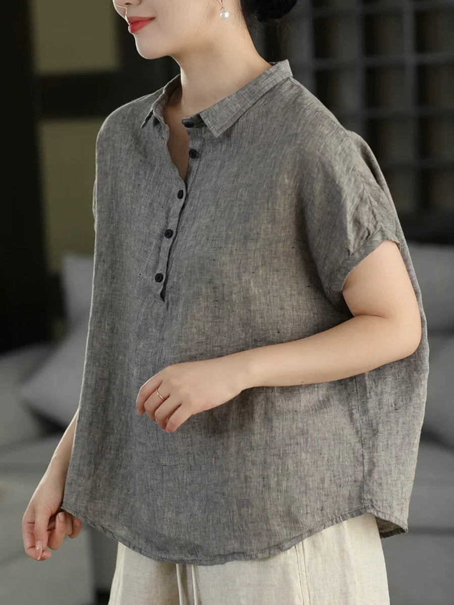 Women Summer Vintage Short Sleeve100%Linen Blouse