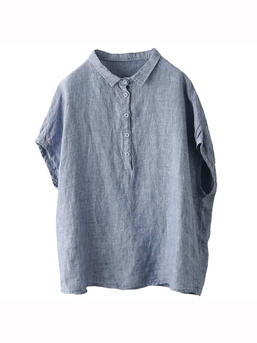 Women Summer Vintage Short Sleeve100%Linen Blouse