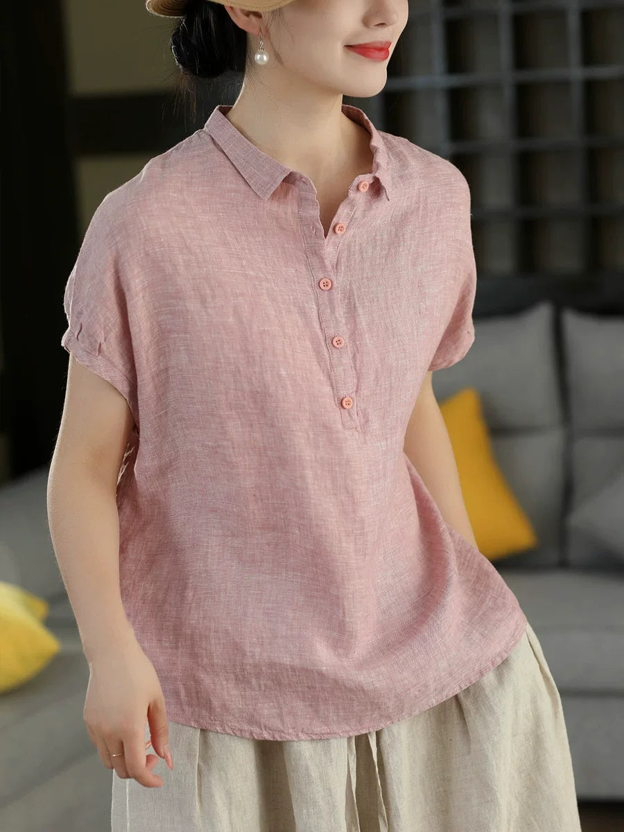 Women Summer Vintage Short Sleeve100%Linen Blouse