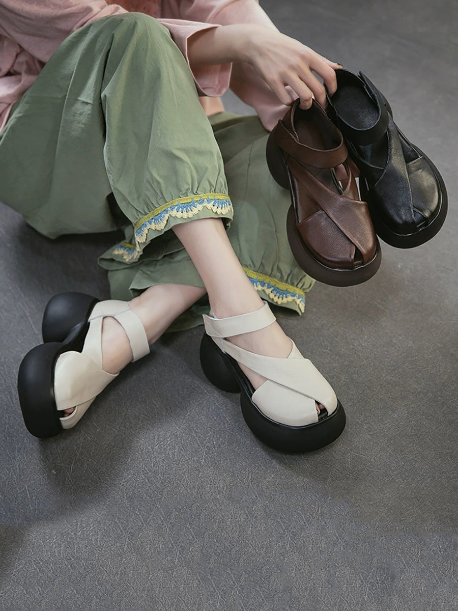 Summer Retro Genuine Leather Platform Sandals
