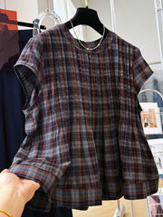 Plus Size Women Summer Vintage Short Sleeve Cotton Plaid Blouse
