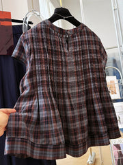 Plus Size Women Summer Vintage Short Sleeve Cotton Plaid Blouse