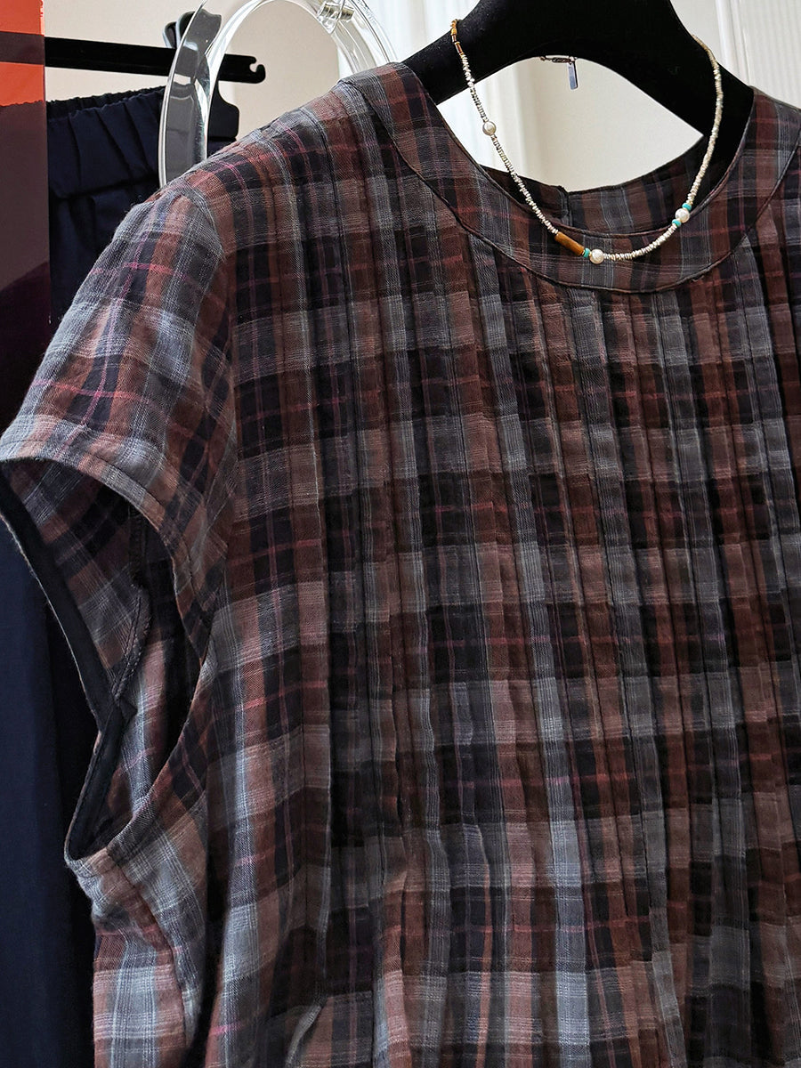 Plus Size Women Summer Vintage Short Sleeve Cotton Plaid Blouse