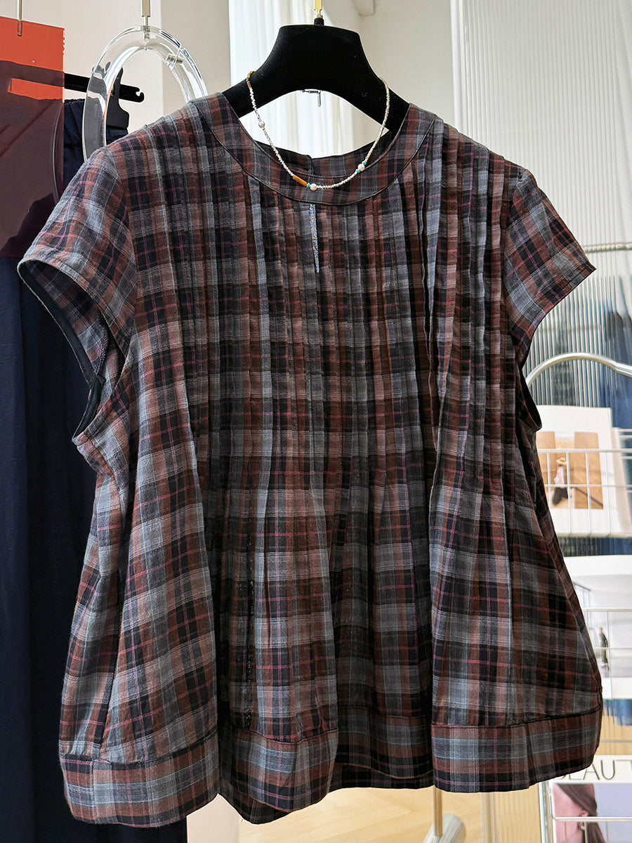 Plus Size Women Summer Vintage Short Sleeve Cotton Plaid Blouse