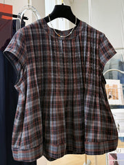 Plus Size Women Summer Vintage Short Sleeve Cotton Plaid Blouse