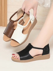 Women Retro Genuine Leather Summer Wedge T-Strap Sandals