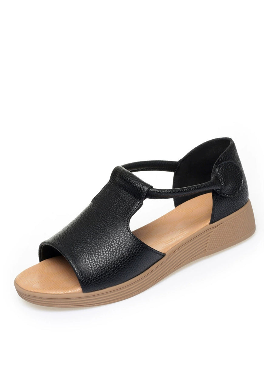 Women Retro Genuine Leather Summer Wedge T-Strap Sandals