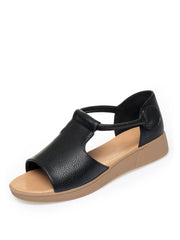 Women Retro Genuine Leather Summer Wedge T-Strap Sandals