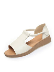 Women Retro Genuine Leather Summer Wedge T-Strap Sandals