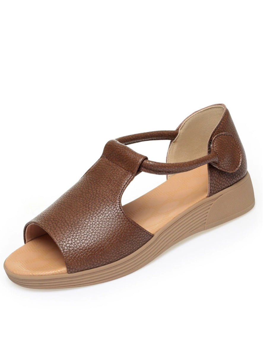Women Retro Genuine Leather Summer Wedge T-Strap Sandals