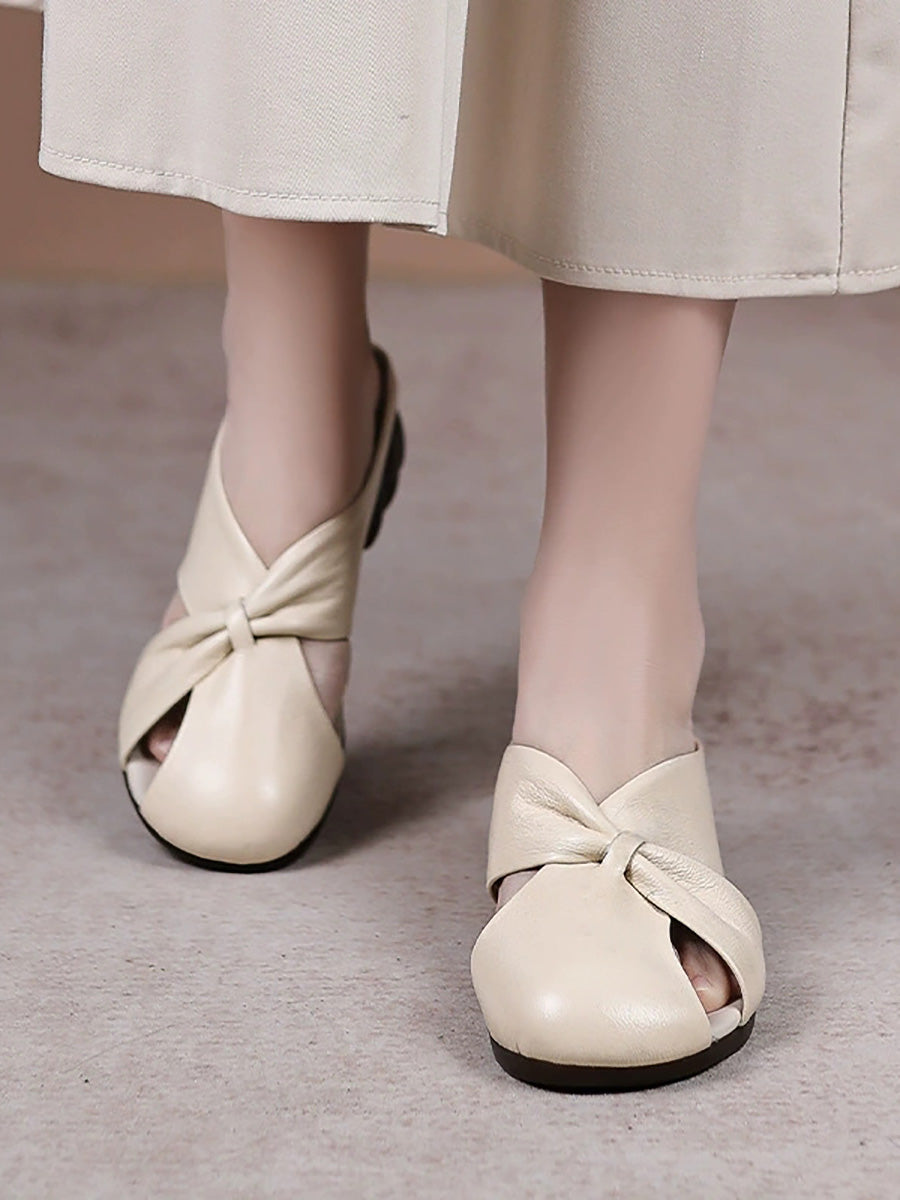 Women Genuine Leather Summer Low-Heel Slip-On Sandals