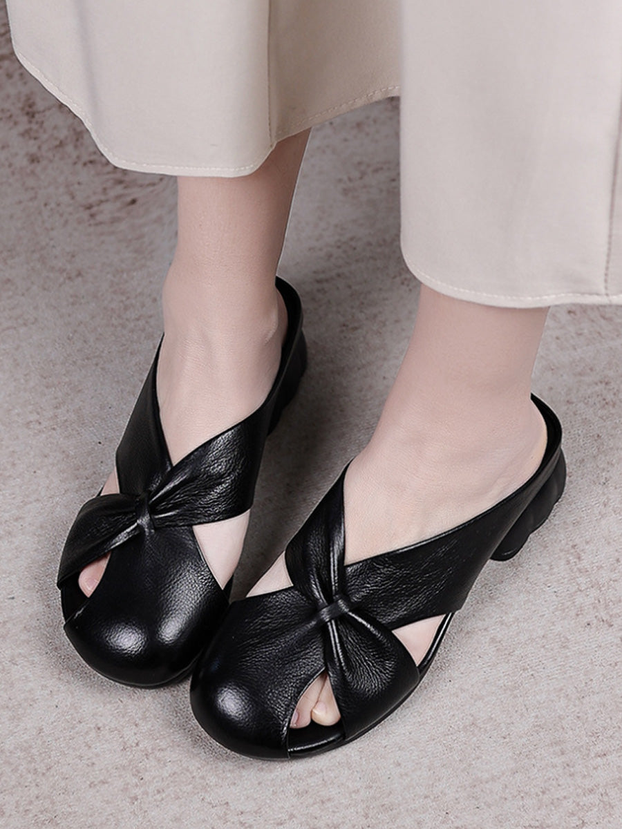 Women Genuine Leather Summer Low-Heel Slip-On Sandals