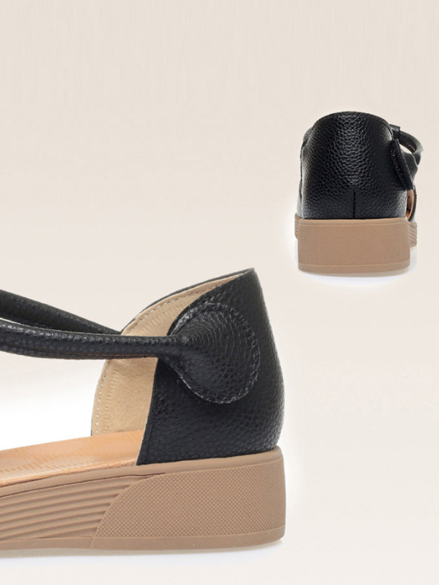 Women Retro Genuine Leather Summer Wedge T-Strap Sandals
