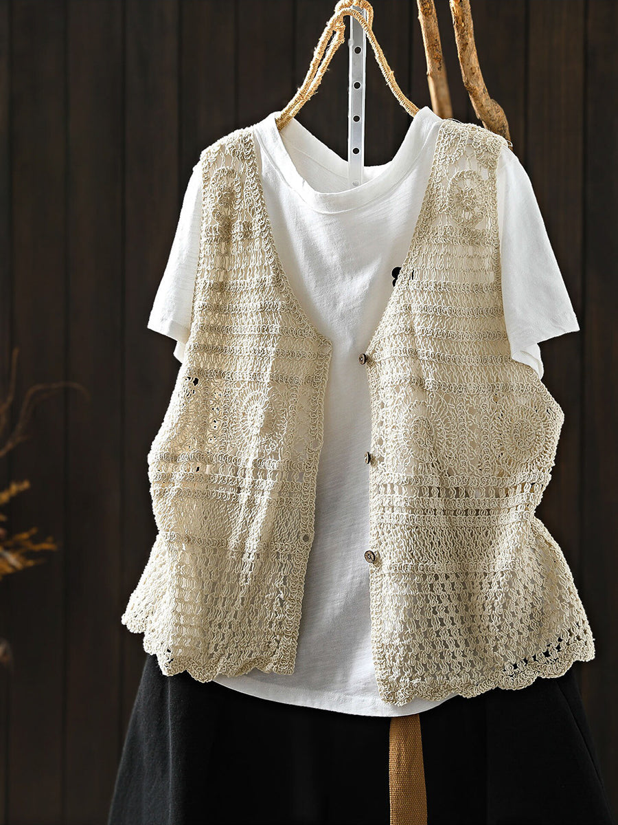 Women Summer Artsy V-Neck Cotton Crochet Outerwear Vest