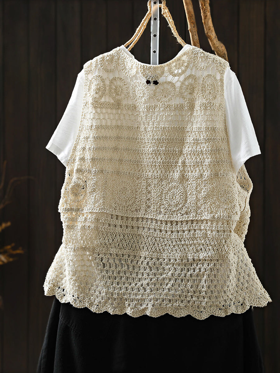 Women Summer Artsy V-Neck Cotton Crochet Outerwear Vest
