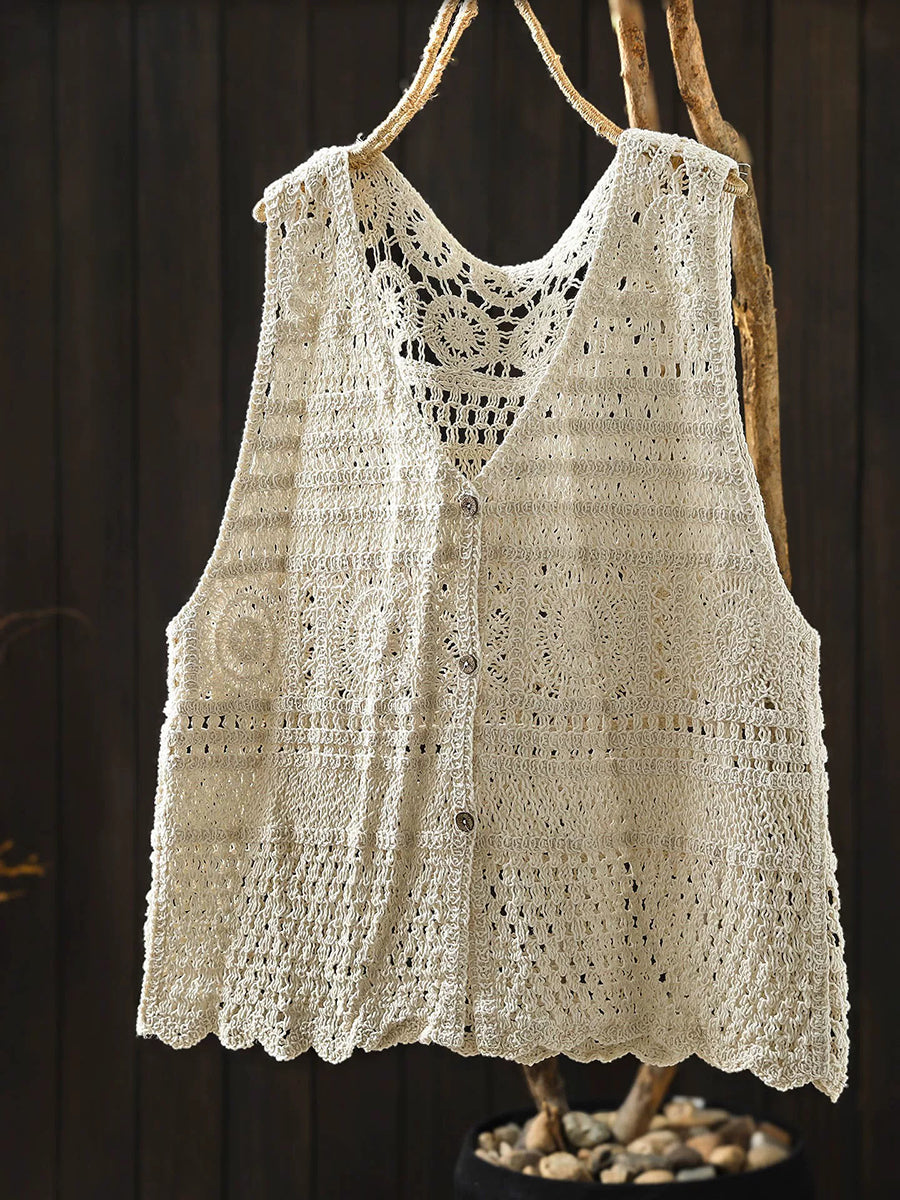 Women Summer Artsy V-Neck Cotton Crochet Outerwear Vest