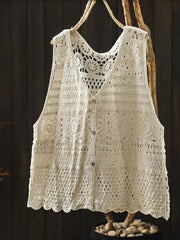 Women Summer Artsy V-Neck Cotton Crochet Outerwear Vest