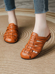 Women Retro Genuine Leather Summer Low-Heel Slip-On Sandals