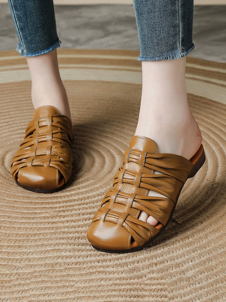 Women Retro Genuine Leather Summer Low-Heel Slip-On Sandals