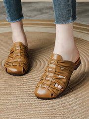 Women Retro Genuine Leather Summer Low-Heel Slip-On Sandals