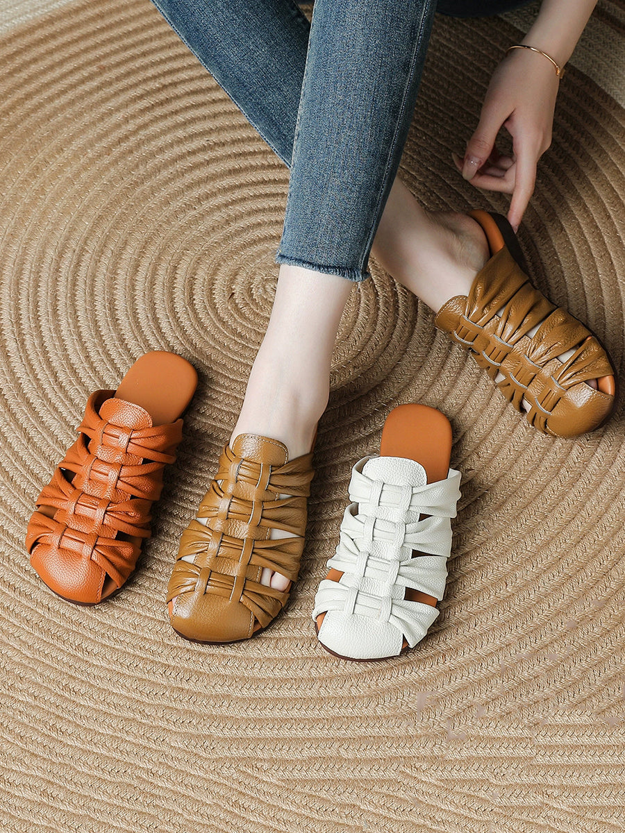 Women Retro Genuine Leather Summer Low-Heel Slip-On Sandals