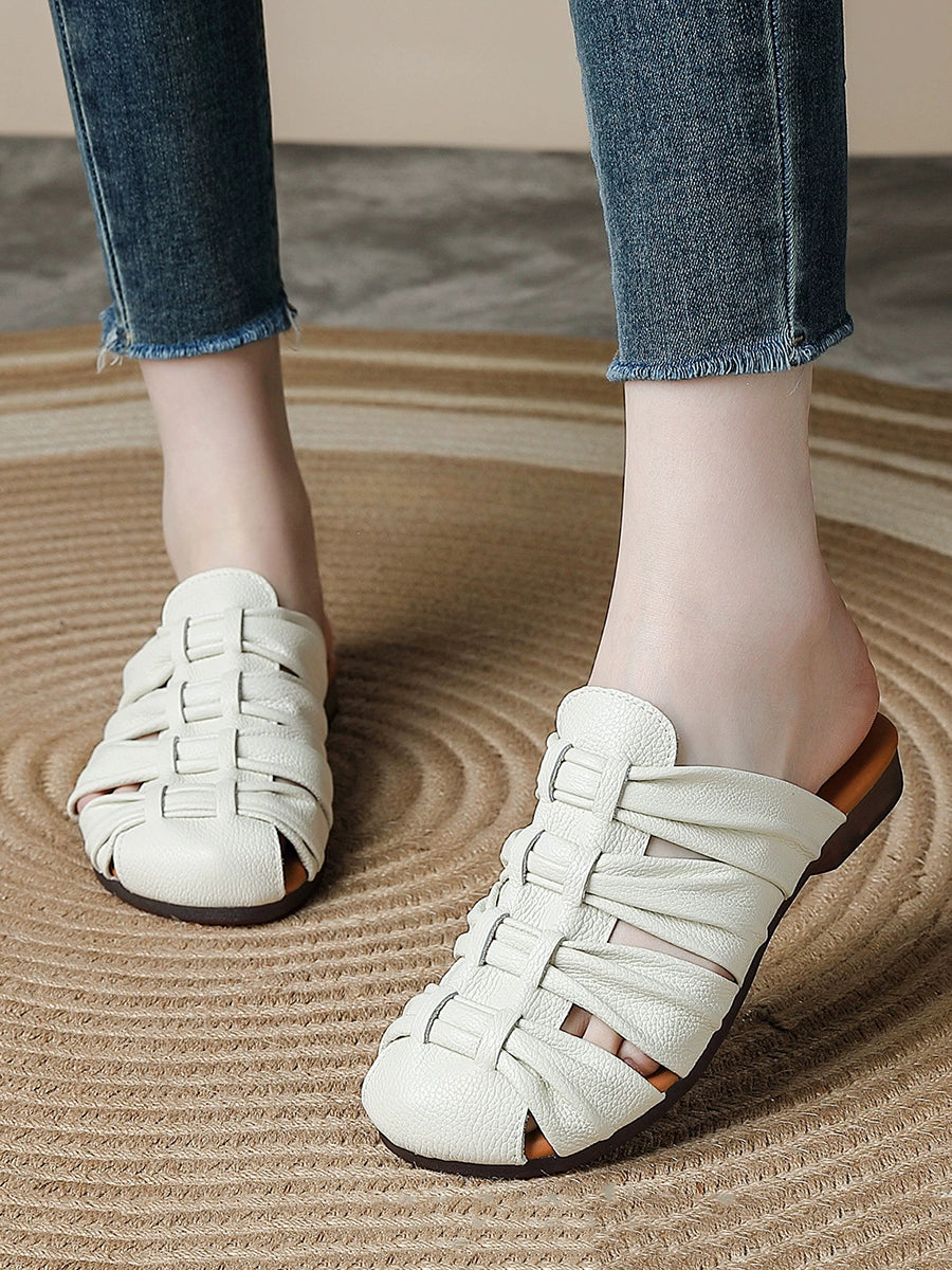 Women Retro Genuine Leather Summer Low-Heel Slip-On Sandals