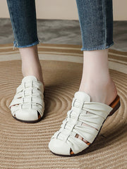 Women Retro Genuine Leather Summer Low-Heel Slip-On Sandals