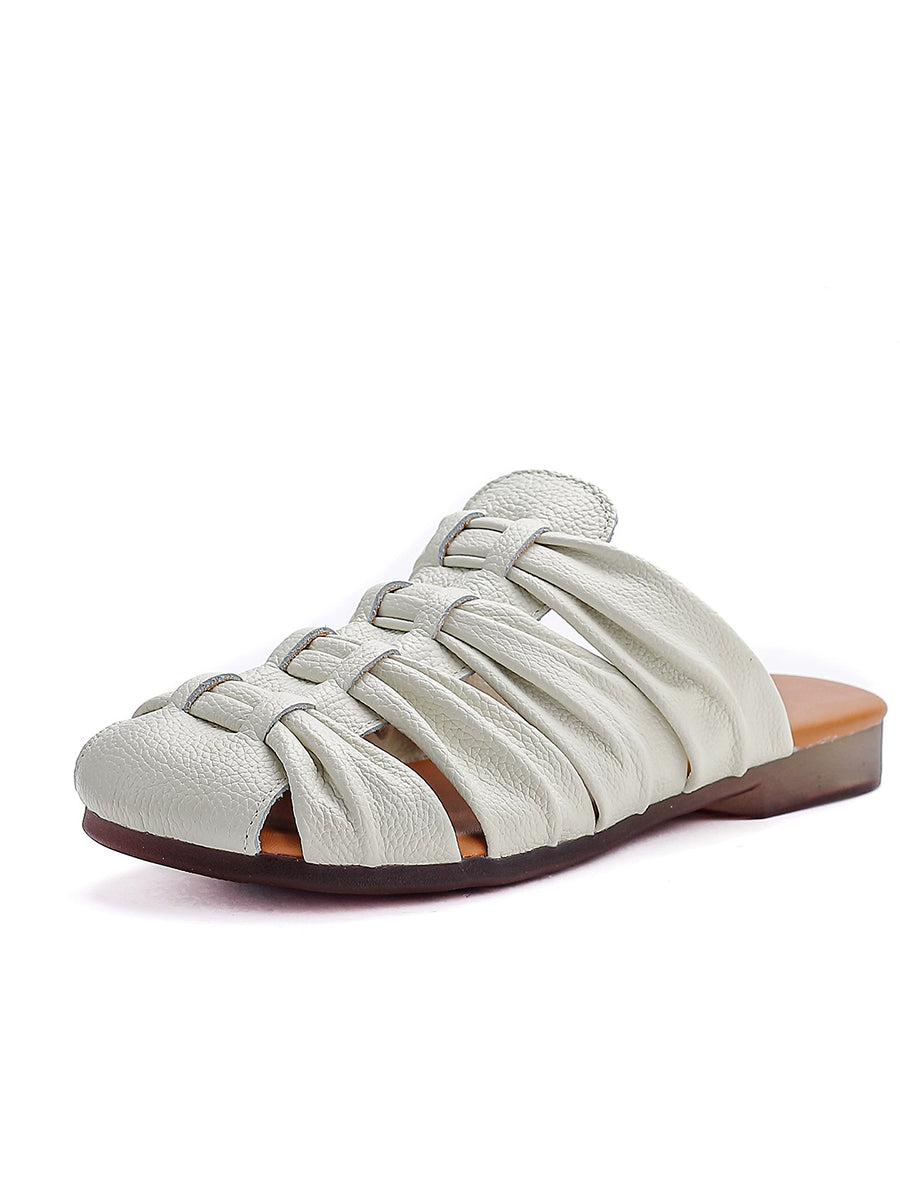 Women Retro Genuine Leather Summer Low-Heel Slip-On Sandals