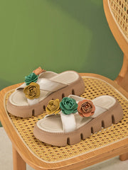 Women Genuine Leather Floral Ethnic-Style Platform Slippers