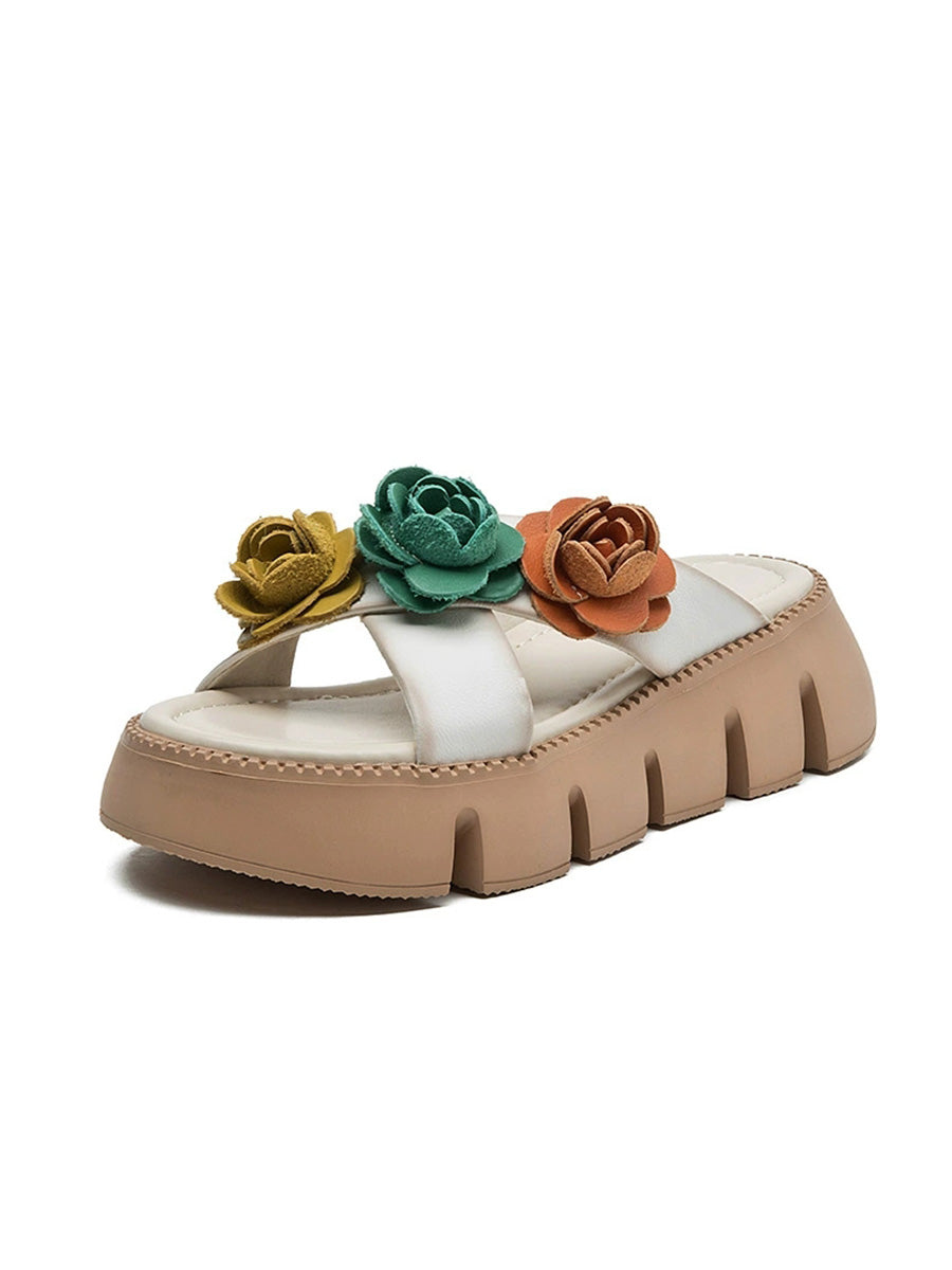 Women Genuine Leather Floral Ethnic-Style Platform Slippers