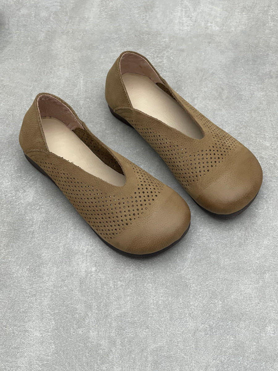 Women Genuine Leather Summer Openwork Flat Slip-On Sandals