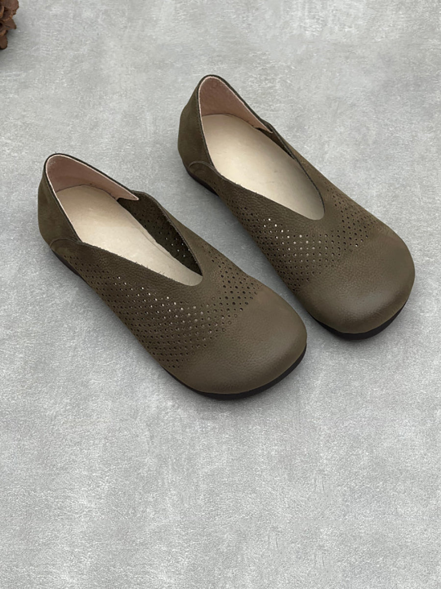 Women Genuine Leather Summer Openwork Flat Slip-On Sandals