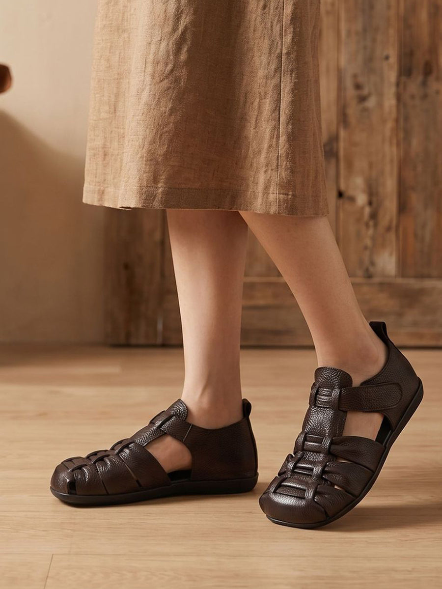 Women Retro Genuine Leather Summer Closed-Toe Sandals