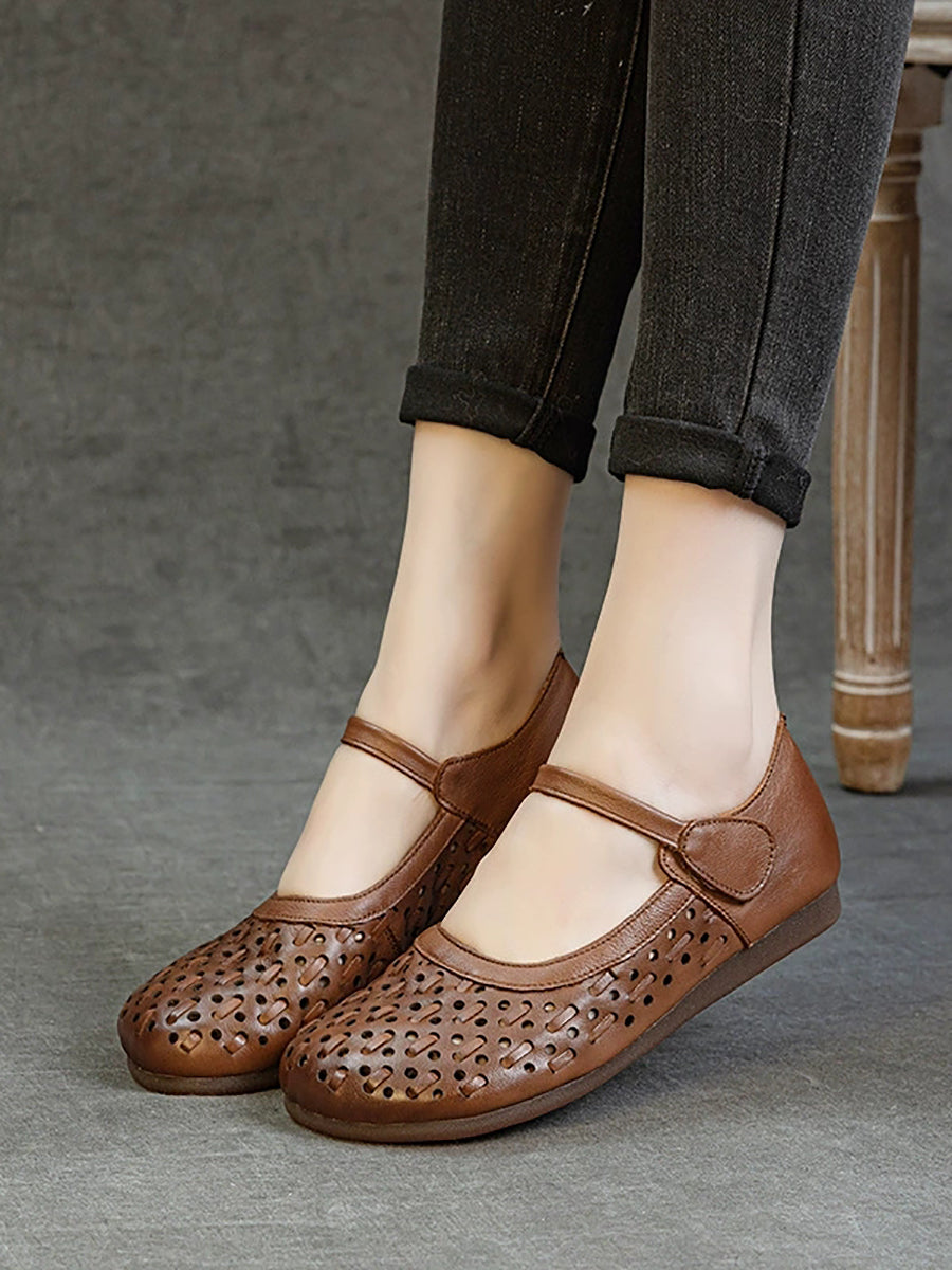 Women Retro Genuine Leather Summer Openwork Flat Sandals