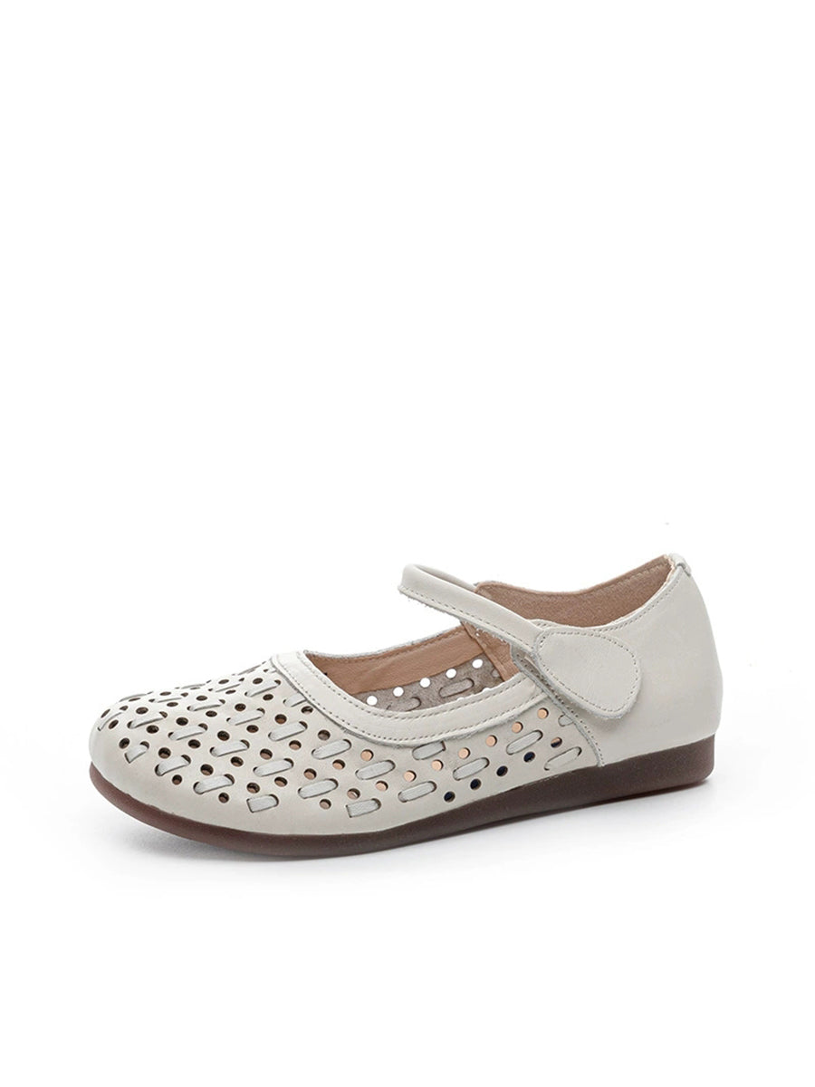 Women Retro Genuine Leather Summer Openwork Flat Sandals