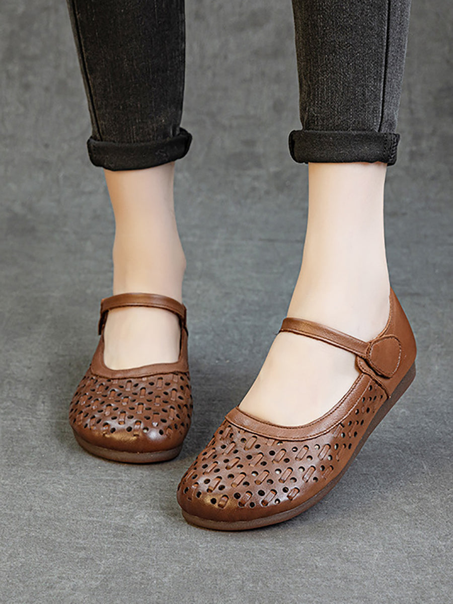 Women Retro Genuine Leather Summer Openwork Flat Sandals