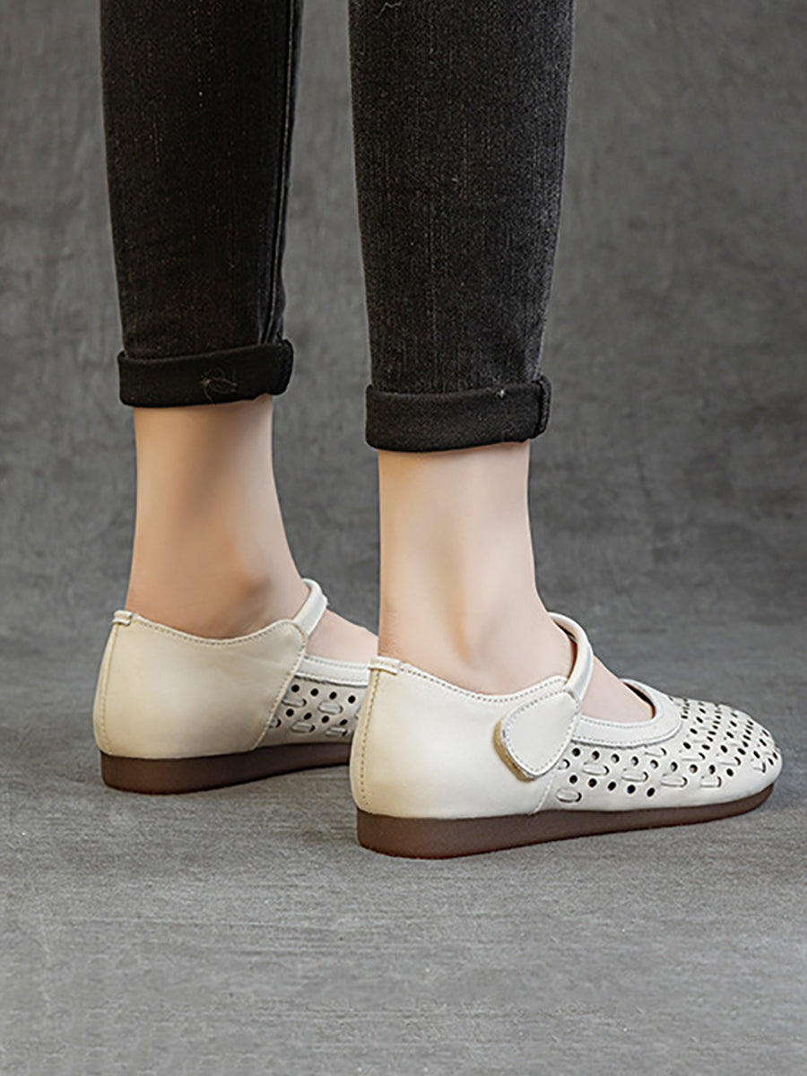 Women Retro Genuine Leather Summer Openwork Flat Sandals