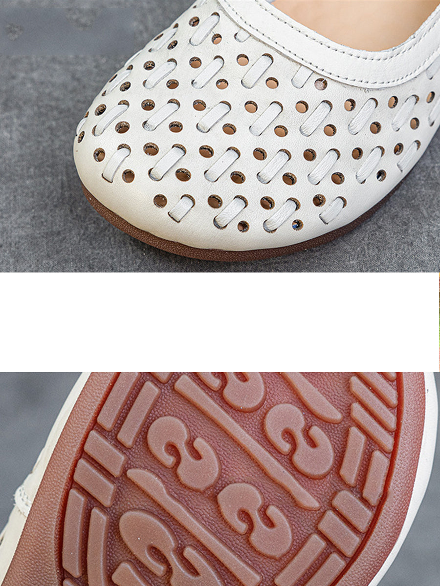 Women Retro Genuine Leather Summer Openwork Flat Sandals