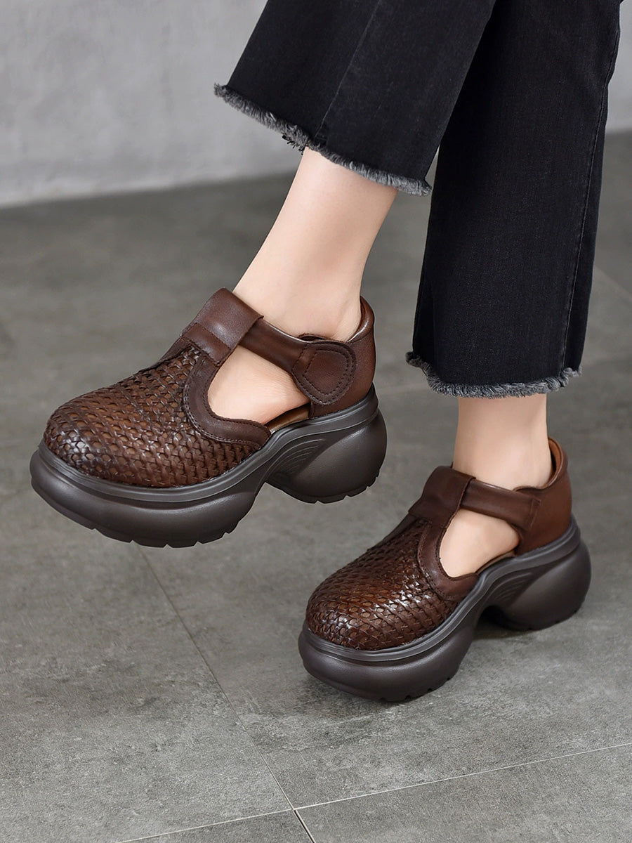 Women Genuine Leather Woven Platform T-Strap Sandals