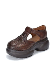 Women Genuine Leather Woven Platform T-Strap Sandals