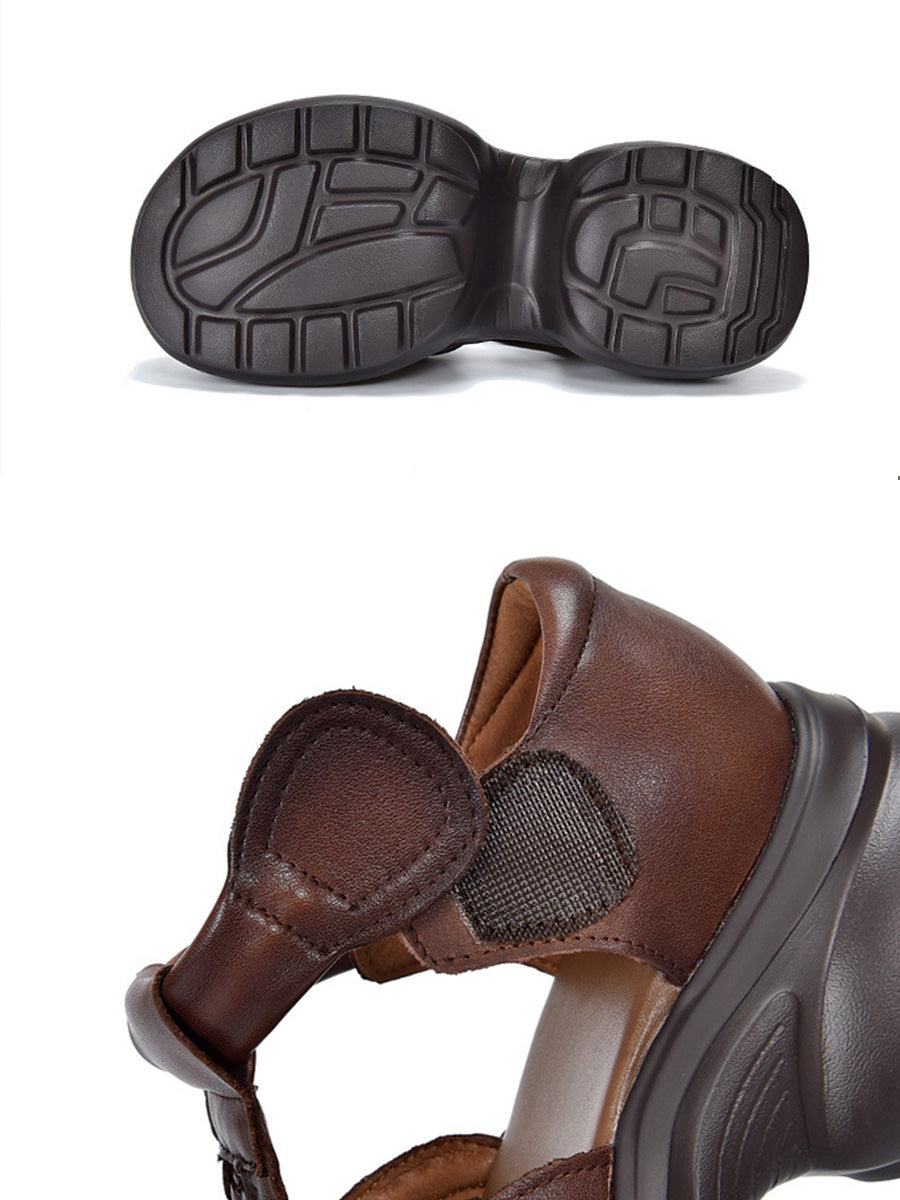 Women Genuine Leather Woven Platform T-Strap Sandals