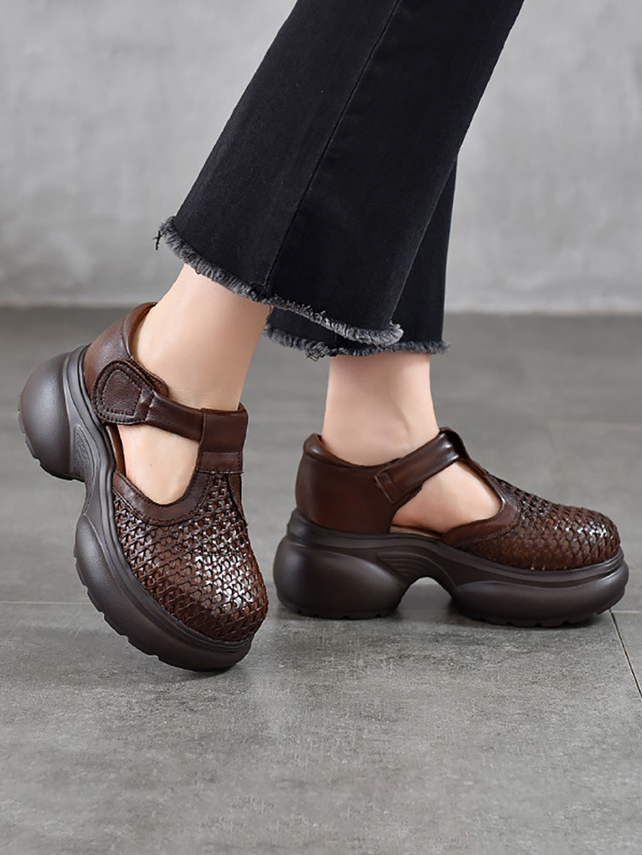 Women Genuine Leather Woven Platform T-Strap Sandals